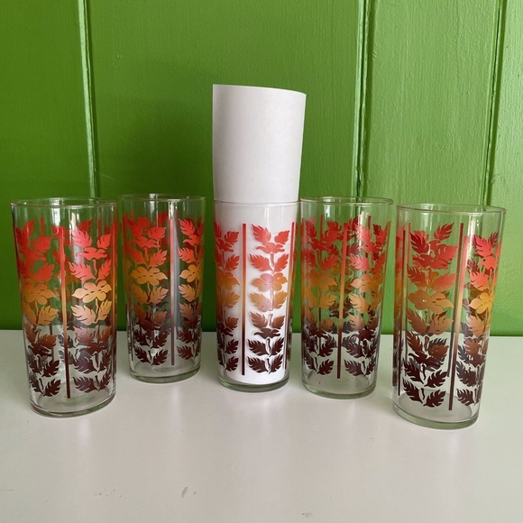 MCM set 5 Vtg Federal Glasses Ombre Red orange LEAF LEAVES Tumblers 1950’s
